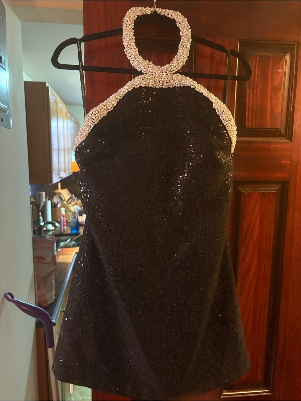 Pearl Halter Black Sequin Mini Dress